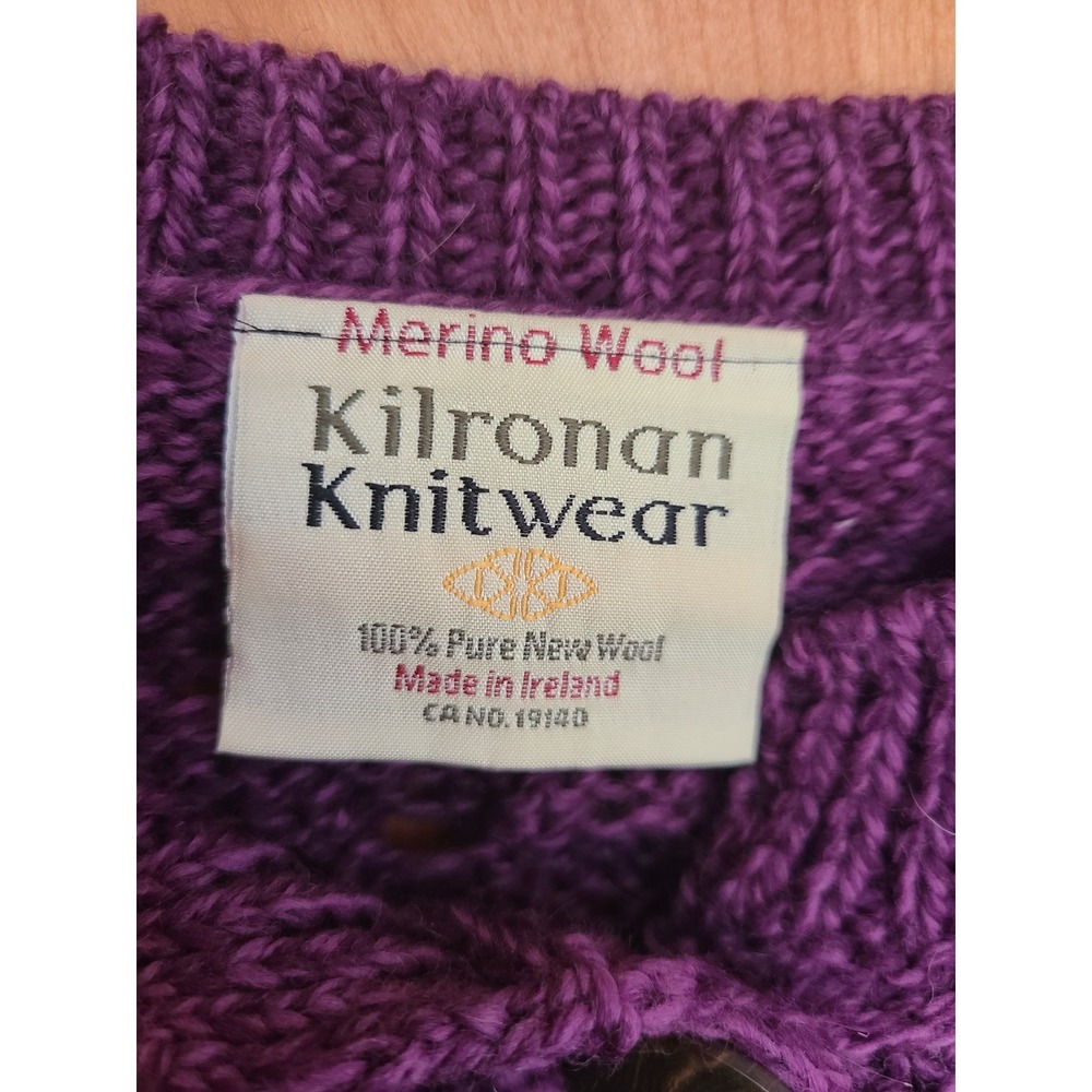 Kilronan Ireland 100%‎ Merino Wool Purple XS Cardigan Cable Knit Aran Irish - Picture 5 of 10